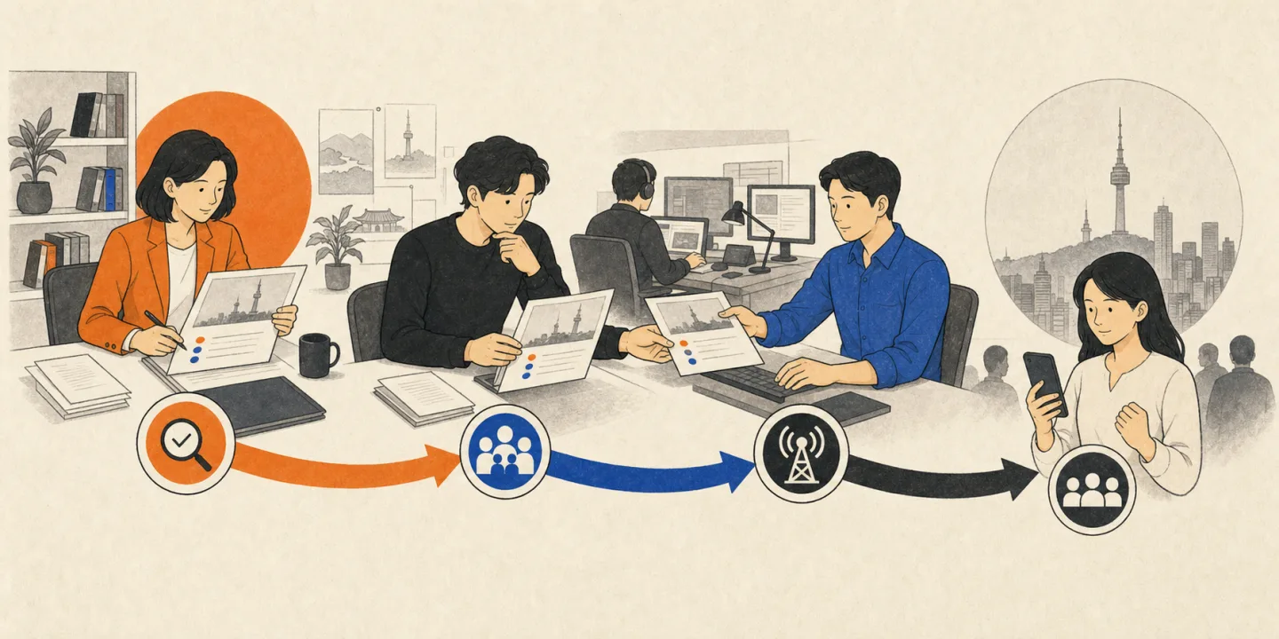 블록체인 보도자료가 여러 한국 미디어 채널로 전달되는 2D 일러스트