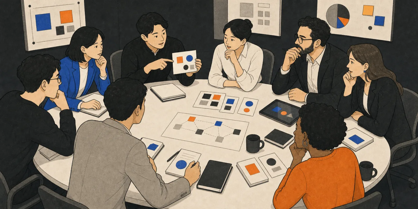 소규모 블록체인 밋업에서 발표와 네트워킹이 이어지는 2D 일러스트