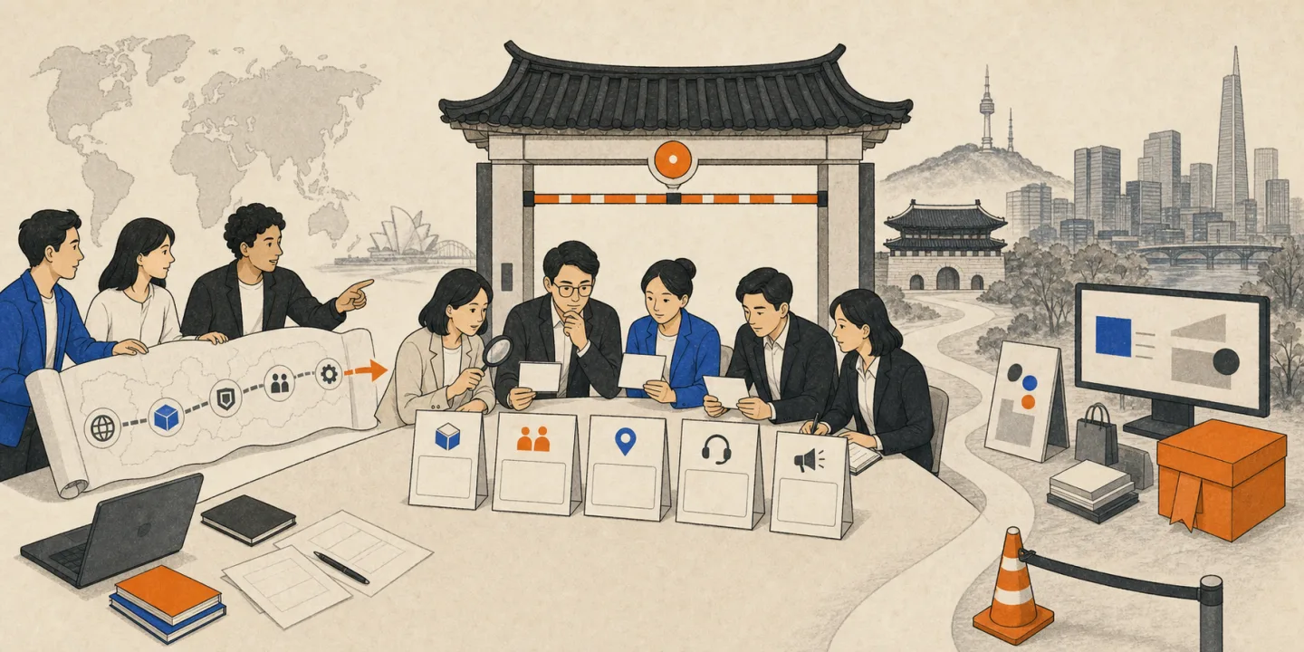 해외 가상자산사업자가 한국 마케팅 전 규제 체크포인트를 검토하는 2D 일러스트